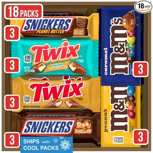 image:imageMampMS Peanut MampMS Caramel SNICKERS Original SNICKERS Peanut Butter TWIX Original and TWIX Salted Caramel Full Size Individually Wrapped Variety Box 18 Ct Bulk Box