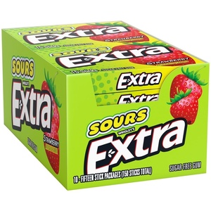 image:imageEXTRA SOURS Strawberry Sugar Free Fruit Gum Sour Candy 15Stick Chewing Gum Pack Purse Essentials 10 Count